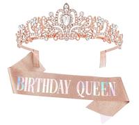 KatchOn, Écharpe et diadème « Happy Birthday » or rose - Diadème en strass argentés | Couronne et écharpe d'anniversaire pour femme | Accessoire de cheveux en cristal pailleté pour anniversaire de la