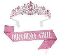 KatchOn, Écharpe et diadème rose « Happy Birthday » - Ensemble diadème en strass argentés | Couronne d'anniversaire et écharpe pour femme | Accessoire de cheveux en cristal pailleté pour anniversaire