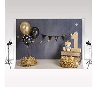 Kate 1er Anniversaire Toile de Fond 3x2m bébé garçon Or et Ballons Noirs Gris Fond Photo Ours en Peluche Jouet Toile de Fond Papier pour Nouveau-né Anniversaire Anniversaire Portrait Photoshoot