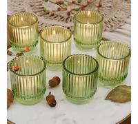 Kate Aspen Lot de 6 photophores Vintage en Verre nervuré Vert pour décoration d'automne, décoration bohème, décoration d'étagère, Cadeau d'hôtesse Parfait ou décoration d'intérieur