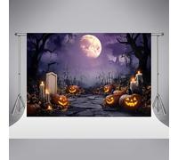 Kate Halloween Citrouille Maléfique Toile de Fond Photographie 2,5 x 2,5 m Bougie Horreur Pierre Tombale Décor Fête Ciel Violet Étrange Fond Photo Studio Accessoires
