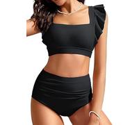 Kate Kasin Bikini gainant pour femme - Col carré - Taille haute - Maillot de bain deux pièces à volants - Bretelles réglables, Noir , XXL