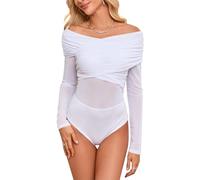 Kate Kasin Body sexy pour femme - Élégant - En maille - Manches longues - Col en V - Combinaison - Maillot de corps gainant, Blanc., M