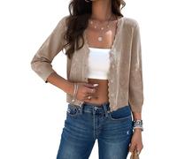 Kate Kasin Cardigan court 2025 tendance et léger à manches 3/4 boutonnées en crochet texturé pour femme, camel, Medium