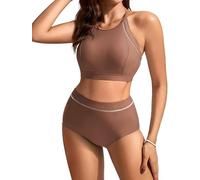 Kate Kasin Ensemble bikini deux pièces pour femme - Haut court - Taille haute - Rétro - Classique, marron, S