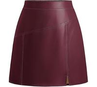 Kate Kasin Mini jupe trapèze en cuir synthétique pour femme, taille haute, fente latérale, style décontracté avec taille élastique et fermeture éclair latérale, idéale pour les soirées, les fêtes