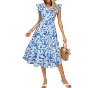 Kate Kasin Robes d'invitées de mariage florales pour femmes, style décontracté, bohème, fluide, col en V, manches courtes volantées, robe d'été maxi trapèze, Fleurs bleu-blanc, Taille M