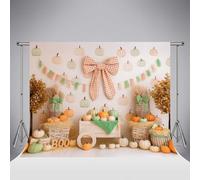 Kate Pumpkin Photographie Toile de Fond Enfants Fête d'anniversaire Foto Fond Plaid Arc Toiles de Fond 10x8ft/3x2.5m Panier de Paille Chariot en Bois Garçon et Fille Photo Studio Arrière-Plans