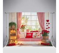 Kate Saint Valentin Fenêtre Cœurs Floraux Photographie Toile de Fond 7x5ft/2.2x1.5m Coussin d'amour Rideaux à Carreaux Rouges Rebord de Fenêtre Fête Bannière Décorative Accessoires de Studio