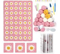 Katech Kit Crochet Débutant Complet, Crochet 3,5+4,0mm&17 Pelotes de Laine pour Couverture Rose aux Granny Squares(60x70cm), Kits de Crochet, Accessoires de Crochet Tricot, Anglais Livret Crochet Kit