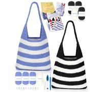 Katech Kit Crochet pour Joli Sac à Main Rayé, Débutant Complet, Tricot Adulte, Matériel avec Livret et Tutorial Vidéo, 4,0mm, Bleu + Noir
