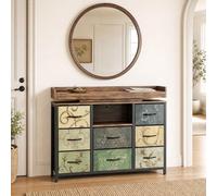 KatFash Commode Industrielle 9 Tiroirs avec LED, Style Rustique Bois et Métal Noir, Étagère Ouverte et Station de Charge