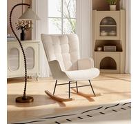 KatFash Fauteuil à Bascule Scandinave en Sherpa, Rocking Chair avec Pieds en Bois, Blanc Ivoire, pour Salon et Chambre