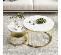 KatFash Tables Basses Gigognes Rondes, Dessus en Marbre Blanc, Cadre Doré, Set de 2, 70cm et 45cm