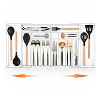 Kathfly Grand organisateur de tiroir extensible transparent en acrylique réglable de 54 à 91,4 cm de large pour couverts de cuisine et porte-couverts pour cuillères, fourchettes, couteaux, 13