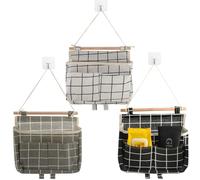 KATIMI 3 Pièces Sac de Rangement Suspendu Mural, Rangement Mural avec Poche, Vide Poche Mural de Lin, Organiseurs Suspendus avec 3 Crochets pour Chambre Salle Bain Bureau Cuisine (3 Couleurs)
