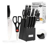 KATISUN 15 ensembles de couteaux en acier japonais, poignée ABS, confortable et durable ensemble de couteaux de cuisine professionnels avec aiguiseur de couteaux, base noire