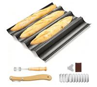 KATLKIU Moule à Baguette 4 Cavités, Plaque à Baguette Antiadhésive en Acier au Carbone Microperforé, Moule Pain pour Baguette Française, Accessoires de Cuisson avec 2 Couteaux à Pain, 38 x 32 cm