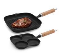 KATLKIU Poêle Grill 23×23 cm + Poêle 4 Compartiments - Set 2 Pièces en Fonte d’Aluminium Épaisse, Revêtement Antiadhésif Durable avec Manche en Bois pour Steaks, Œufs et Pancakes