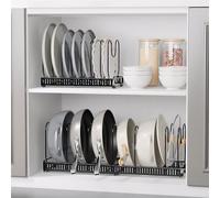 KATLKLU Organiseur Casseroles Extensible 2 Pièces, Range Couvercles et Poêles Réglable 31-57 cm, 20 Séparateurs en U, Support en Acier Revêtu Antirouille, pour Placard, Tiroir et Plan de Travail, Noir