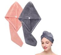 katmerio Lot de 2 serviettes turban avec bouton, en microfibre extra absorbante, séchage rapide, fermeture à boutons moelleuse (rose, gris)