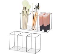 katmerio Organisateur de maquillage, en acrylique, 3 compartiments, transparent, organisateur de maquillage pour pinceaux, eyeliners, rouge à lèvres, accessoires de coiffeuse