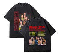 Katseye 2025 The Beautiful Chaos Tour Merch T-shirt vintage délavé en coton unisexe avec soutien des éventails pour Eyekons, Noir , L