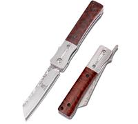 KATSU Couteau Pliant de Poche en Acier D2, Couteau de Poche avec Manche en G10 Style Bambou, Japanese Couteau Multifonction avec Clip de Poche pour Utilisation Quotidienne - Brun Argenté