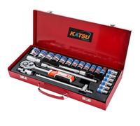 KATSU Tools Lot de 24 douilles 1/2", CR-V, douilles métriques 8-32 mm, clé à cliquet à dégagement rapide à 24 dents et barre d'extension dans une boîte en acier, ensemble d'outils de mécanicien pour