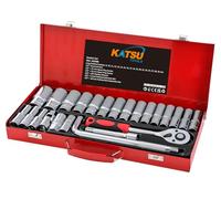 KATSU Tools Lot de 24 douilles profondes 1/2" CR-V, 8-32 mm, clé à cliquet à 24 dents, étui de transport en acier, outil de mécanicien pour bricolage, réparation automobile