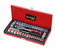 KATSU Tools Lot de 40 douilles 1/4" et 3/8" CR-V, taille 3/16"-3/4" et taille métrique de 4,5 à 19 mm, clé à cliquet 24 dents, étui de transport en acier, outil mécanique pour bricolage, réparation