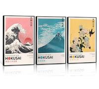 Katsushika Hokusai Lot de 3 affiches japonaises sur toile - Décoration murale Apanèse colorée - Images colorées de Kanagawa la grande vague Wabi Sabi - Œuvre d'art vintage minimaliste pour salon,