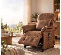 KAUFHOF Fauteuil électrique avec 2 moteurs, velours côtelé marron | Fauteuil électrique avec dossier et repose-pieds réglables indépendamment, inclinaison 95°-175°, roulettes verrouillables et 2 poche