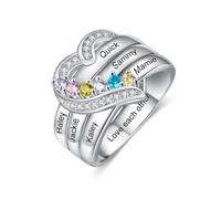 kaululu Bague Personnalisée Argent 925 pour Femme Bague Prénom avec Pierre de Naissance pour Maman, Mamie, Couple Cadeau pour Fête des Mères, Noël, Anniversaire (Noms 6)