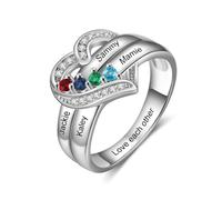 kaululu Bague Personnalisée Argent 925 pour Femme Bague Prénom avec Pierre de Naissance pour Maman, Mamie, Couple Cadeau pour Fête des Mères, Noël, Anniversaire (Noms 4)