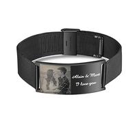 kaululu Personnalisé Homme Bracelets avec Photo Prenoms Noms Gravure Mesh Acier Inoxydable Personnalisable Bijoux Cadeau pour Père et Fils/frère/Mari Noir