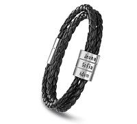 kaululu Personnalisé Homme Bracelets Cuir Avec 2-5 Noms Beads Bracelets Pour Hommes Couple Famille Prenoms Gravure Bracelet Personnalisable Cadeaux Anniversaire Pour Bff Père Copains (3 Ring)