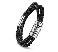 kaululu Personnalisé Homme Bracelets Cuir Avec 2-5 Noms Beads Bracelets Pour Hommes Couple Famille Prenoms Gravure Bracelet Personnalisable Cadeaux Anniversaire Pour Bff Père Copains (4 Ring)