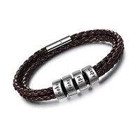 kaululu Personnalisé Homme Bracelets Cuir Avec 2-5 Noms Beads Bracelets Pour Hommes Couple Famille Prenoms Gravure Bracelet Personnalisable Cadeaux Anniversaire Pour Bff Père Copains (4 Ring) marron