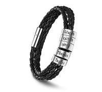 kaululu Personnalisé Homme Bracelets Cuir avec 2-5 Noms Beads Bracelets pour Hommes Couple Famille Prenoms Gravure Bracelet Personnalisable Cadeaux Anniversaire pour BFF Père Copains (5 Ring)