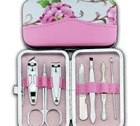 KAV Lot de 7 coupe-ongles en forme de fleur rose - Kit de manucure et pédicure compact en acier inoxydable avec étui, comprend des ciseaux, une lime, une pince à épiler et plus encore, parfait pour