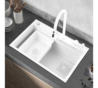 Kaverno Evier Cuisine Cascade, Évier Simple sous Comptoir en INOX 304 Blanc, Emplacement Unique Multifonction Rectangulaire Intelligent avec Bac Récupération pour Postes Travail Comptoir Bar