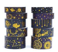 KAVI' S 10 rouleaux Washi Tape Set, Ruban Adhésif Décoratif Œuvre d’art inspirée Feuille d’or Masking Tapes pour Arts, Bullet Journal, Scrapbooking, Bricolage, Emballage (étoiles foncées)