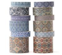 KAVI' S 12 rouleaux Washi Tape Set, Ruban Adhésif Décoratif Œuvre d’art inspirée Feuille d’or Masking Tapes pour Arts, Bullet Journal, Scrapbooking, Bricolage, Emballage (Azure Serenity)