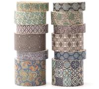 KAVI' S 12 rouleaux Washi Tape Set, Ruban Adhésif Décoratif Œuvre d’art inspirée Feuille d’or Masking Tapes pour Arts, Bullet Journal, Scrapbooking, Bricolage, Emballage (Amber Tranquility)