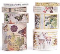 KAVI' S 8 rouleaux Washi Tape Set, Ruban Vintage Adhésif Décoratif Œuvre d’art inspirée Feuille d’or Masking Tapes pour Arts, Bullet Journal, Scrapbooking, Bricolage, Emballage (Deer)