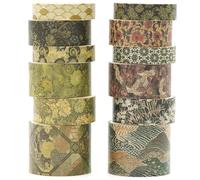 KAVI' S Kyoto 12 rouleaux Washi Tape Set, Ruban Adhésif Décoratif Œuvre d’art inspirée Feuille d’or Masking Tapes pour Arts, Bullet Journal, Scrapbooking, Bricolage, Emballage (Green Song)
