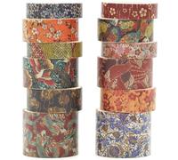 KAVI' S Kyoto 12 rouleaux Washi Tape Set, Ruban Adhésif Décoratif Œuvre d’art inspirée Feuille d’or Masking Tapes pour Arts, Bullet Journal, Scrapbooking, Bricolage, Emballage (Floral Bird)