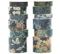 KAVI' S Kyoto 12 rouleaux Washi Tape Set, Ruban Adhésif Décoratif Œuvre d’art inspirée Feuille d’or Masking Tapes pour Arts, Bullet Journal, Scrapbooking, Bricolage, Emballage (Cerulean Showa)