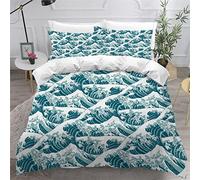 KAVITO Housse de Couette 200x200 Kanagawa Parure de lit 3D Microfibre Hypoallergique taies d'oreiller 50x75 Fermeture Éclair Vagues Japon Manga Parure de lit Adultes Adolescents Taille